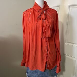 Free People Red Orange Tie Neck Long Sleeve Blouse Size Medium Boho